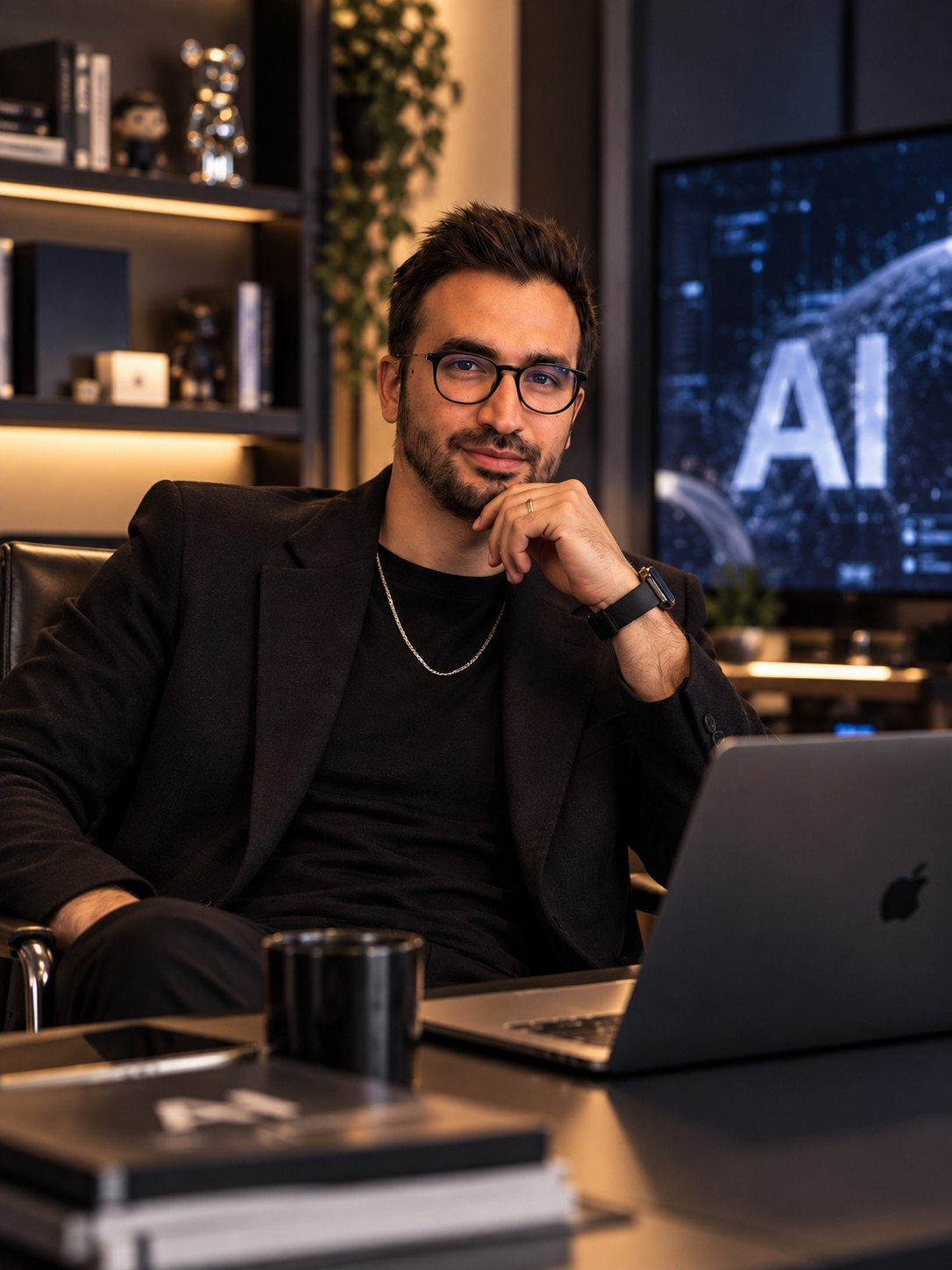 Can Sevengin at his desk with a laptop, an AI visual on the screen behind him